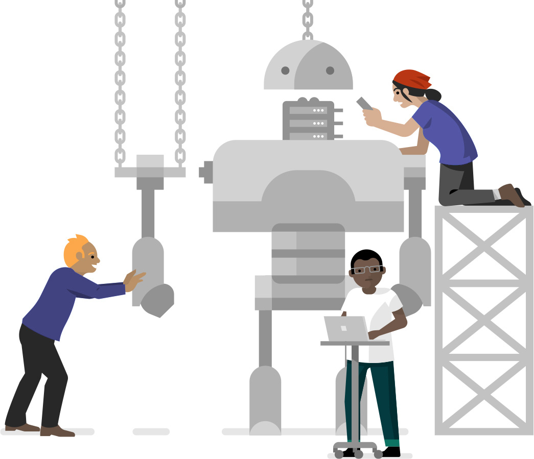 Illustration of a team assembling a robot